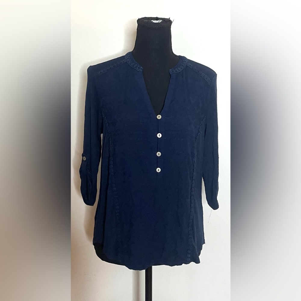 Democracy- Midnight Blue Blouse with Button Accents Size S - Picture 2 of 10